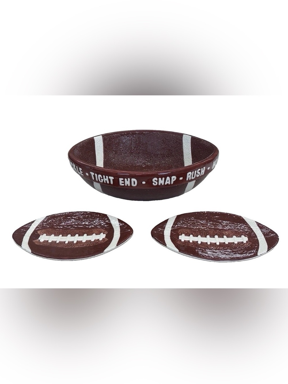 Boston Warehouse 3Pc Ceramic Football Chip Bowl & Plates Set Game Day / Tailgate